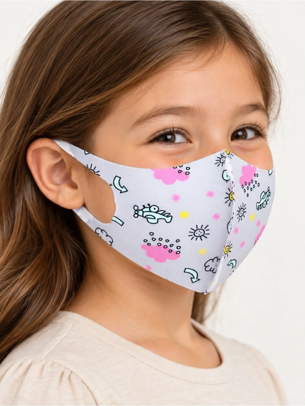 Kids Plain Mask with Pink Cloud & Cartoon Print - Unbranded